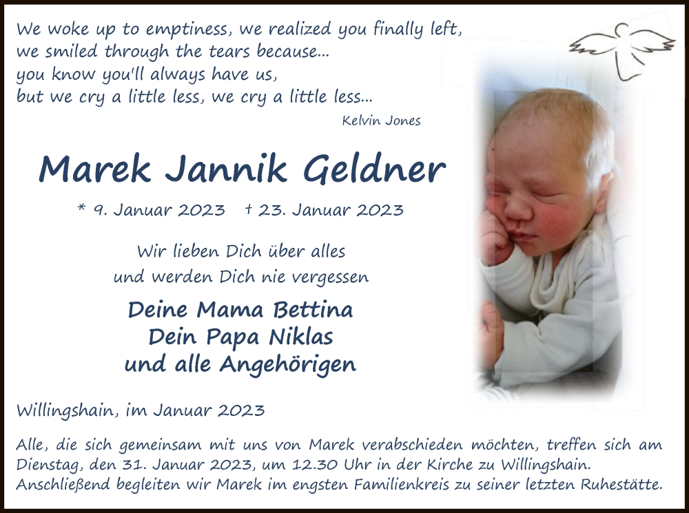  Traueranzeige für Marek Jannik Geldner vom 28.01.2023 aus HZ