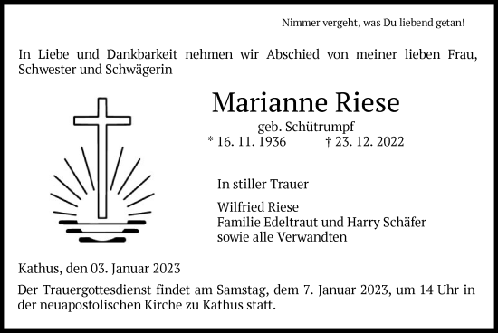 Traueranzeige von Marianne Riese von HZ