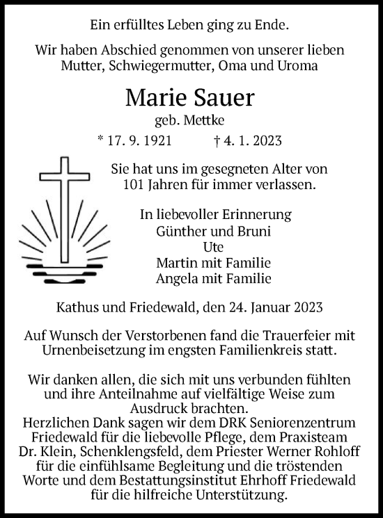 Traueranzeige von Marie Sauer von HZ