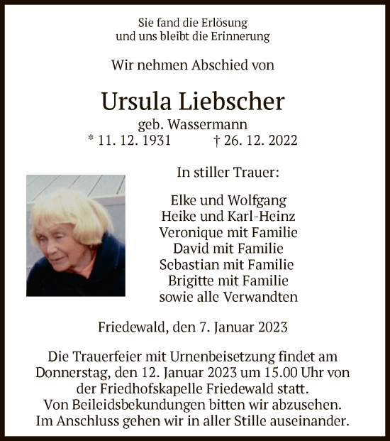 Traueranzeige von Ursula Liebscher von HZ