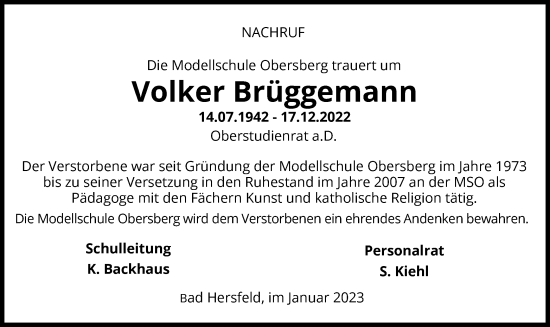 Traueranzeige von Volker Brüggemann von HZ