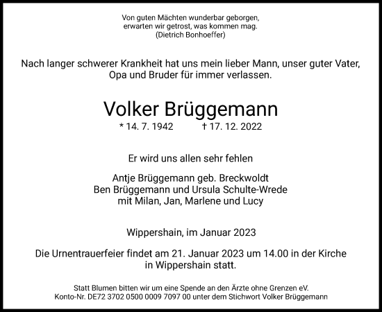 Traueranzeige von Volker Brüggemann von HZ