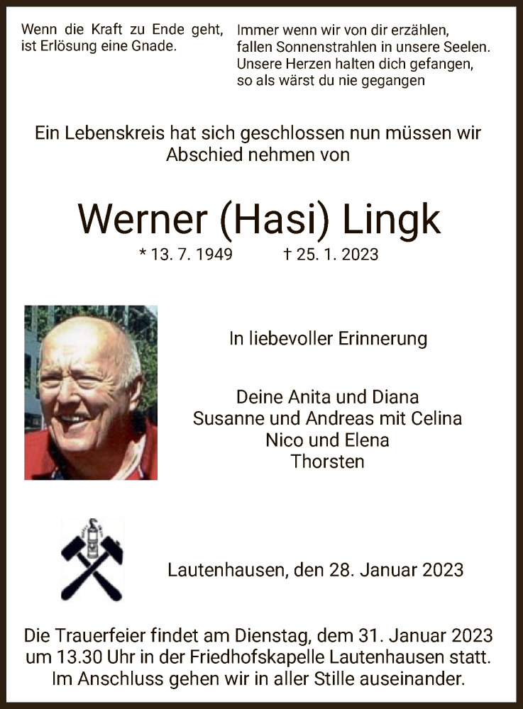  Traueranzeige für Werner Lingk vom 28.01.2023 aus HZ