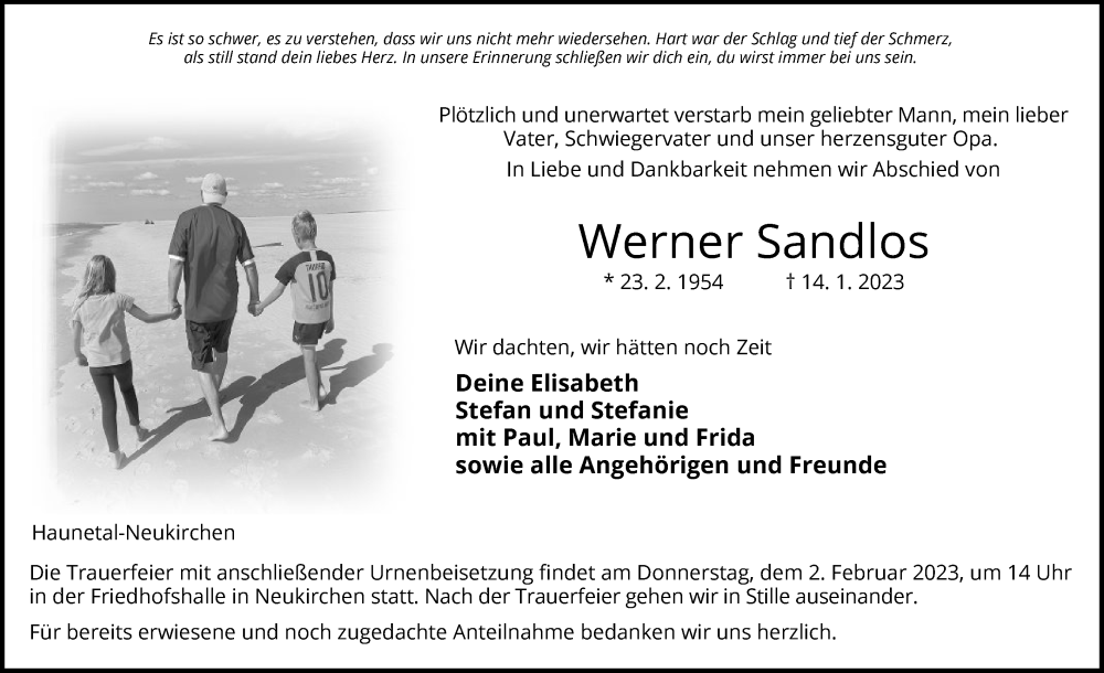  Traueranzeige für Werner Sandlos vom 28.01.2023 aus HZ