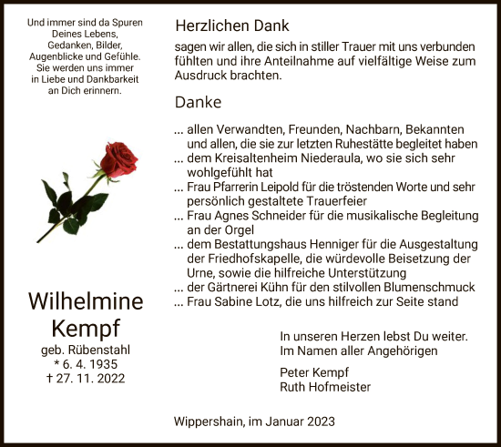 Traueranzeige von Wilhelmine Kempf von HZ