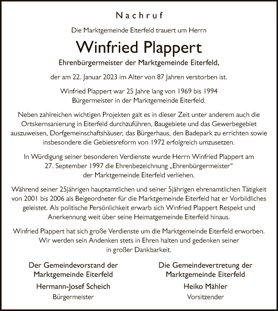 Traueranzeige von Winfried Plappert von HZ