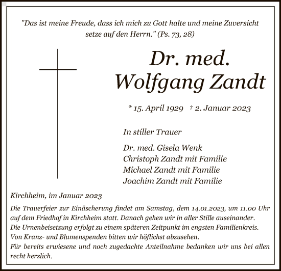 Traueranzeige von Wolfgang Zandt von HZ