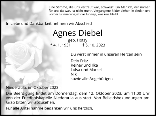 Traueranzeige von Agnes Diebel von HZ