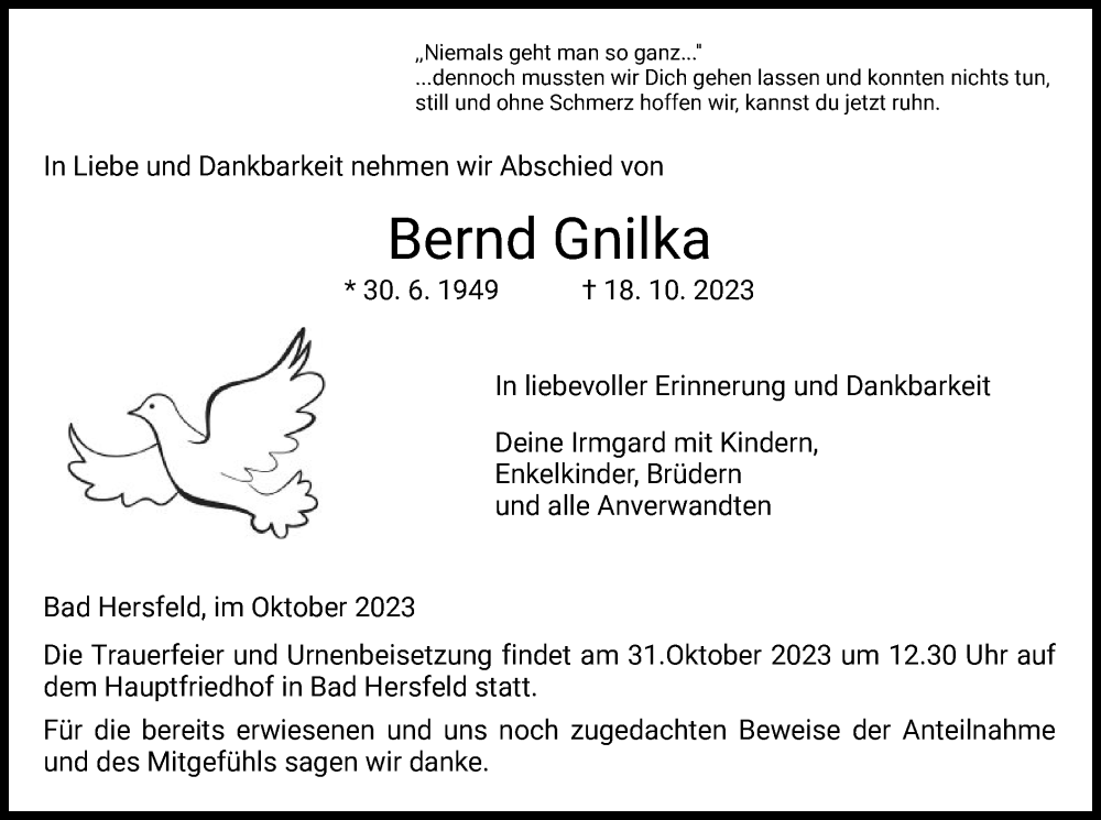  Traueranzeige für Bernd Gnilka vom 28.10.2023 aus HZHNA