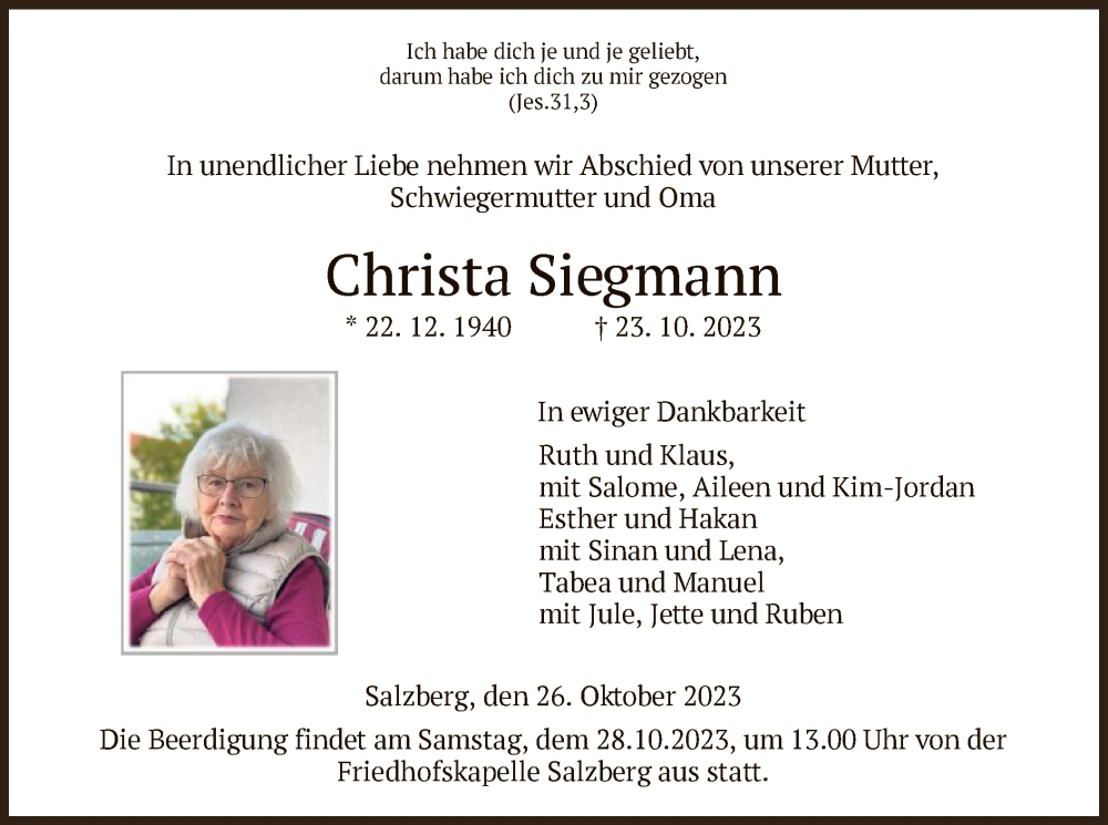  Traueranzeige für Christa Siegmann vom 26.10.2023 aus HZ