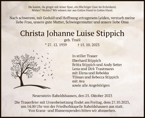 Traueranzeige von Christa Johanne Luise Stippich von HZ