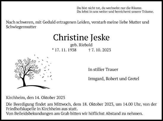 Traueranzeige von Christine Jeske von HZ