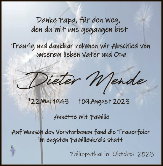 Traueranzeige von Dieter Mende von HZHNA