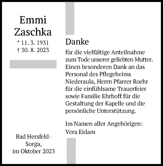 Traueranzeige von Emmi Zaschka von HZ