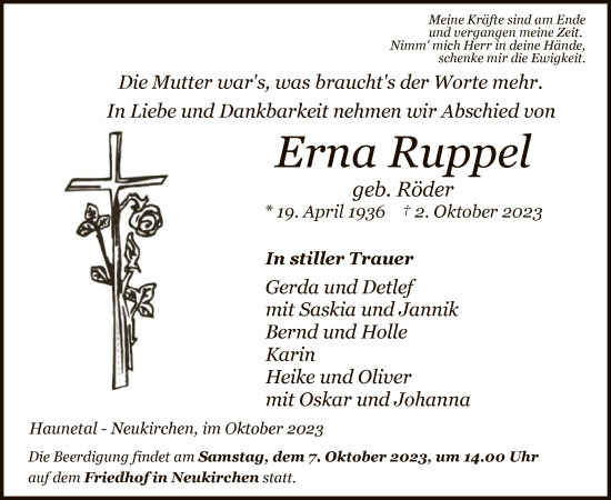 Traueranzeige von Erna Ruppel von HZ