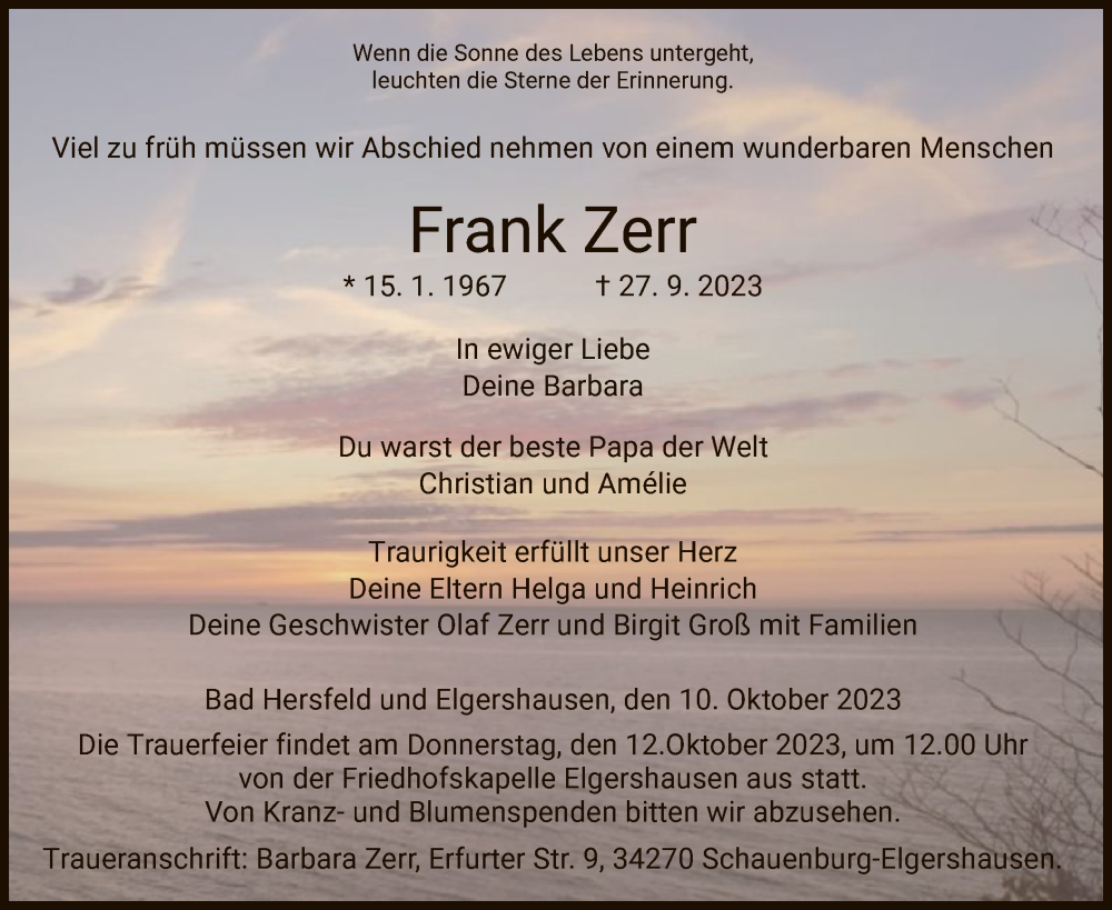  Traueranzeige für Frank Zerr vom 10.10.2023 aus HZ