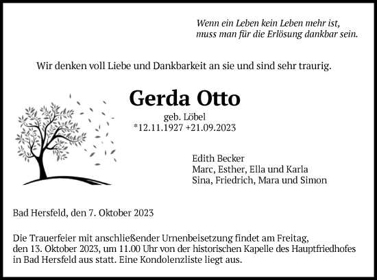 Traueranzeige von Gerda Otto von HZ