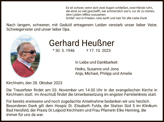 Traueranzeige von Gerhard Heußner von HZ