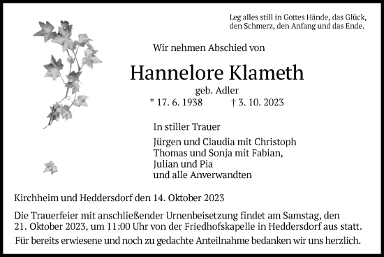 Traueranzeige von Hannelore Klameth von HZ