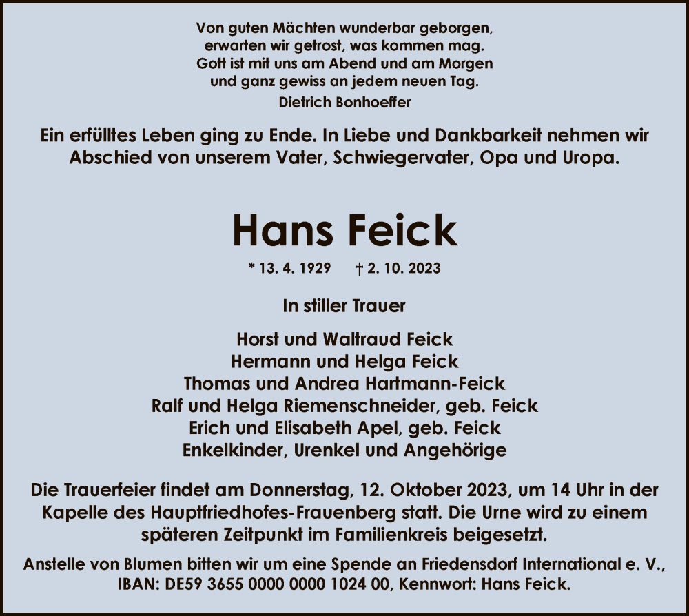 Traueranzeige für Hans Feick vom 07.10.2023 aus HZ