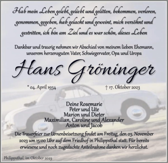 Traueranzeige von Hans Gröninger von HZHNA