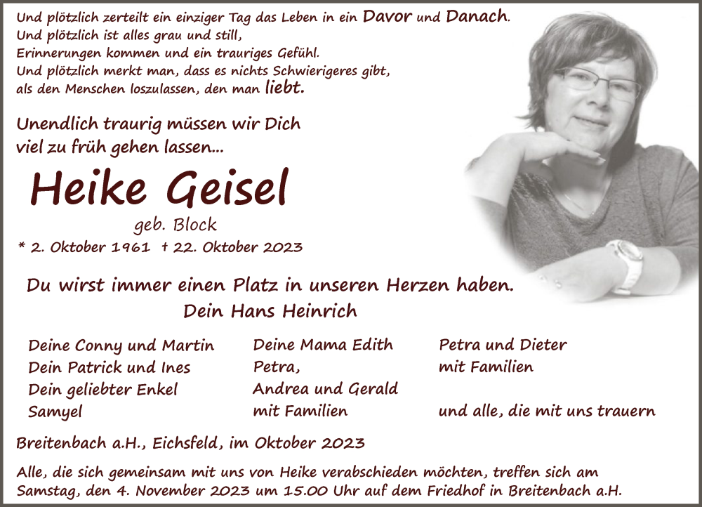  Traueranzeige für Heike Geisel vom 28.10.2023 aus HZ