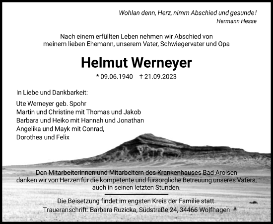 Traueranzeige von Helmut Werneyer von HNAHZ