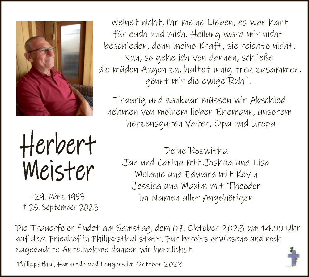  Traueranzeige für Herbert Meister vom 04.10.2023 aus HZ