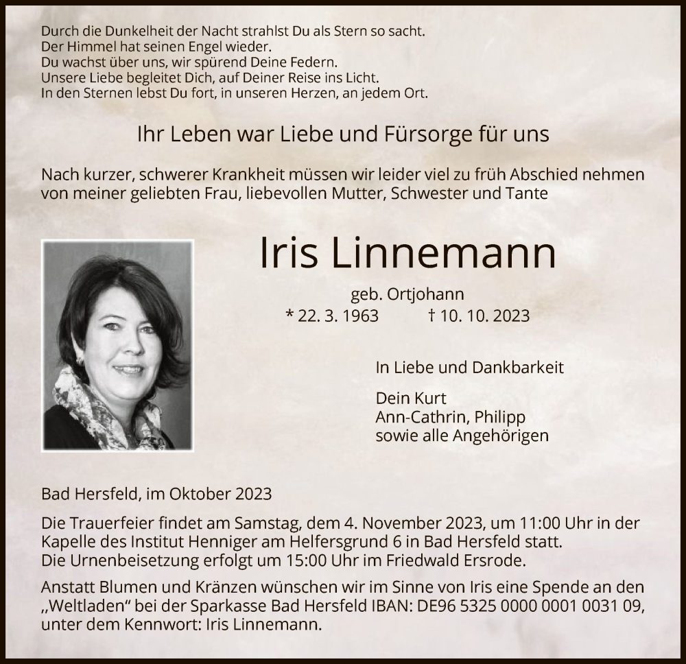  Traueranzeige für Iris Linnemann vom 28.10.2023 aus HZ