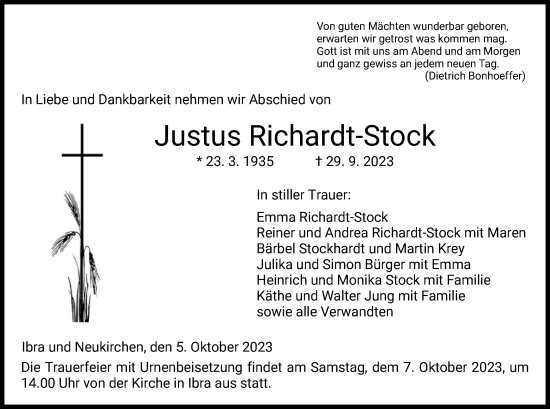Traueranzeige von Justus Richardt-Stock von HZHNA