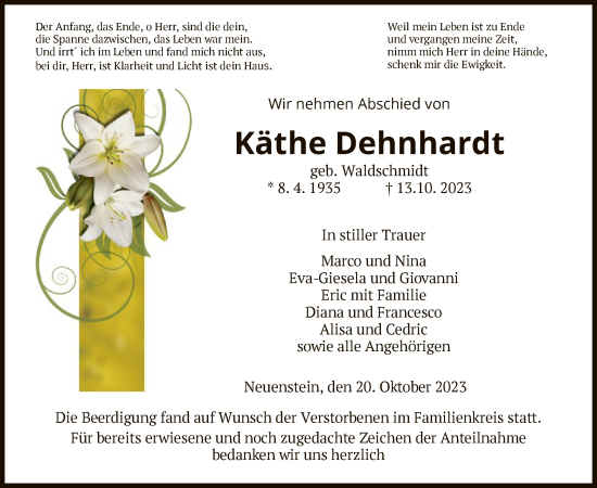 Traueranzeige von Käthe Dehnhardt von HZ