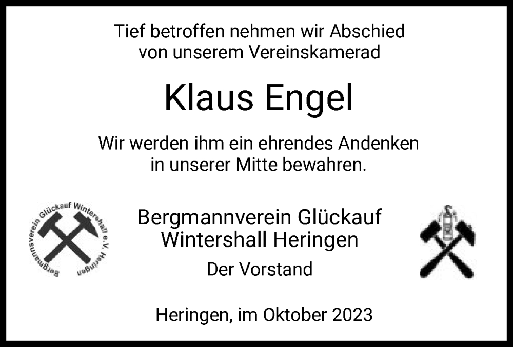  Traueranzeige für Klaus Engel vom 14.10.2023 aus HZ