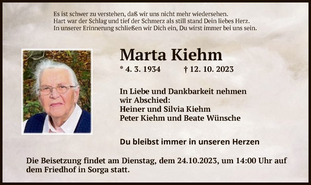  Traueranzeige für Marta Kiehm vom 21.10.2023 aus HZ