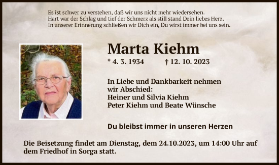 Traueranzeige von Marta Kiehm von HZ