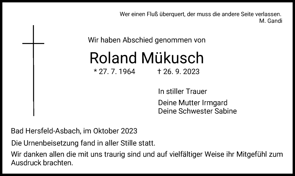  Traueranzeige für Roland Mükusch vom 21.10.2023 aus HZ