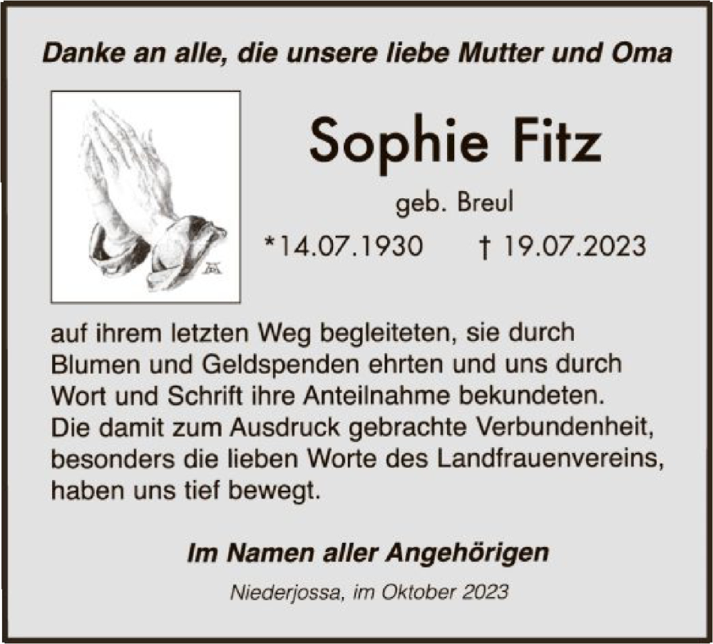  Traueranzeige für Sophie Fitz vom 14.10.2023 aus HZHNA