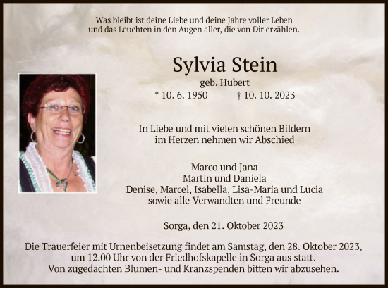 Traueranzeige von Sylvia Stein von HZ