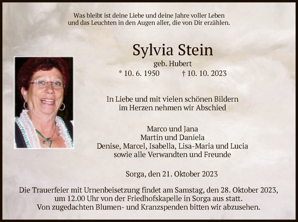  Traueranzeige für Sylvia Stein vom 21.10.2023 aus HZ