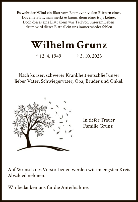 Traueranzeige von Wilhelm Grunz von HZ