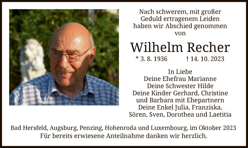 Traueranzeige für Wilhelm Recher vom 28.10.2023 aus HZHNA