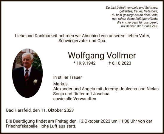 Traueranzeige von Wolfgang Vollmer von HZ