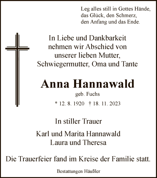 Traueranzeige von Anna Hannawald von HZ