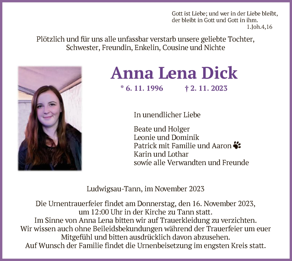  Traueranzeige für Anna Lena Dick vom 11.11.2023 aus HZ