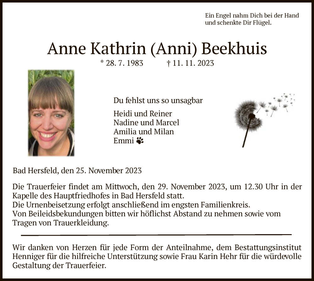  Traueranzeige für Anne Kathrin Anni Beekhuis vom 25.11.2023 aus HZ