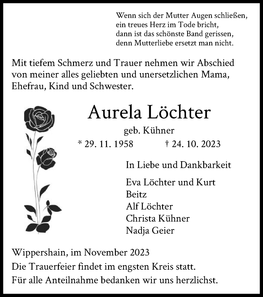  Traueranzeige für Aurela Löchter vom 04.11.2023 aus HZ