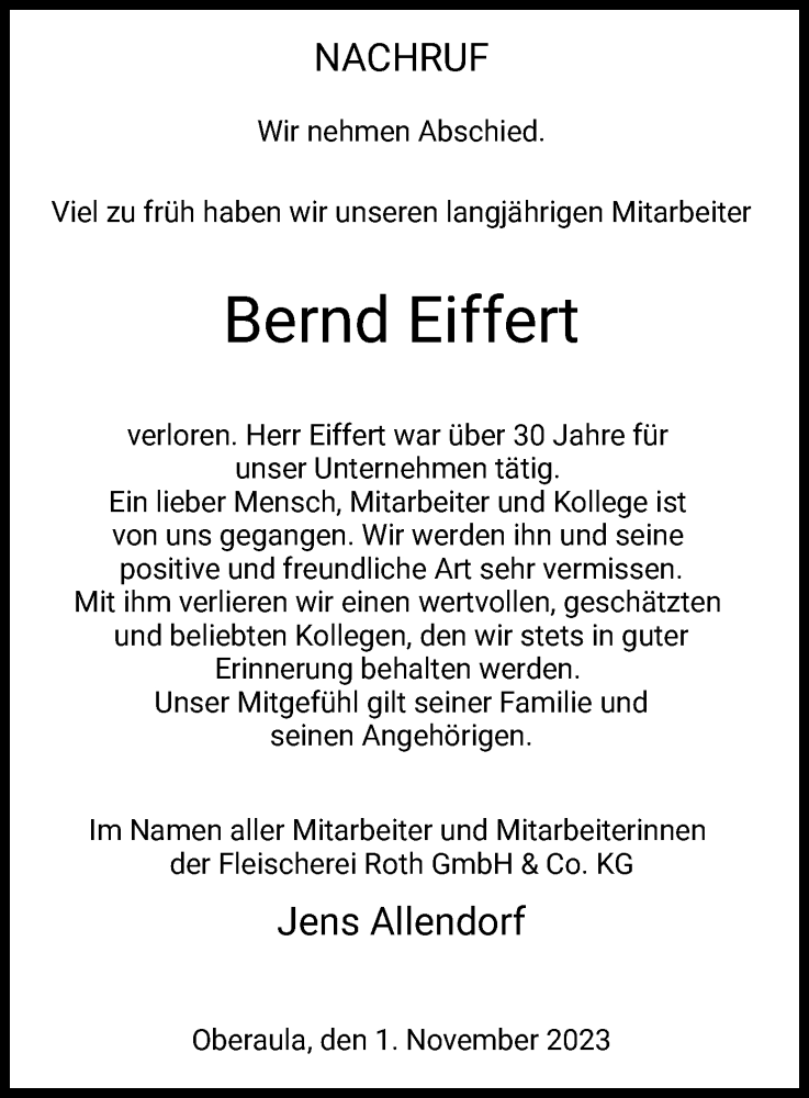  Traueranzeige für Bernd Eiffert vom 01.11.2023 aus HZHNA