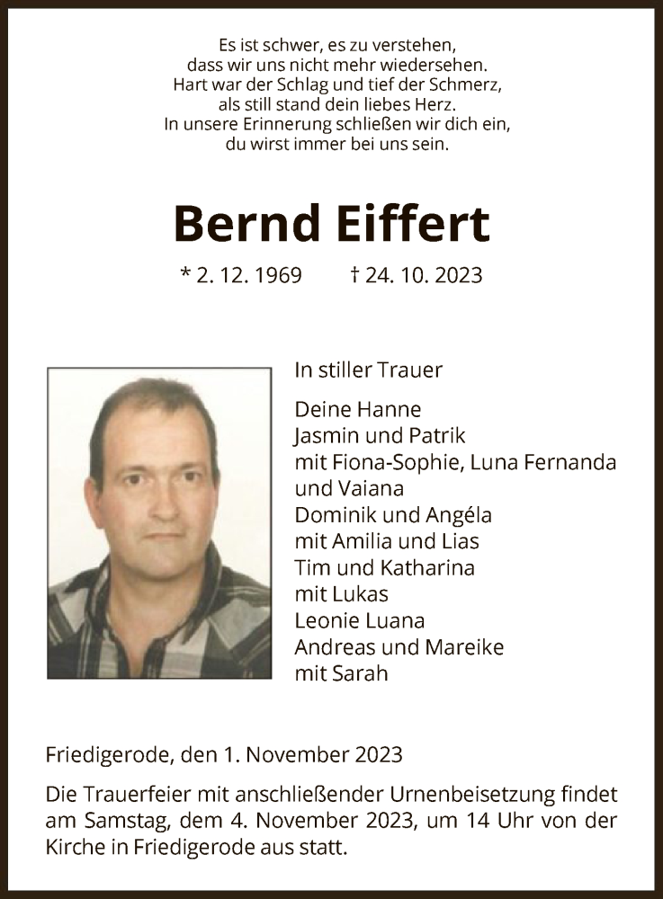  Traueranzeige für Bernd Eiffert vom 01.11.2023 aus HNAHZ