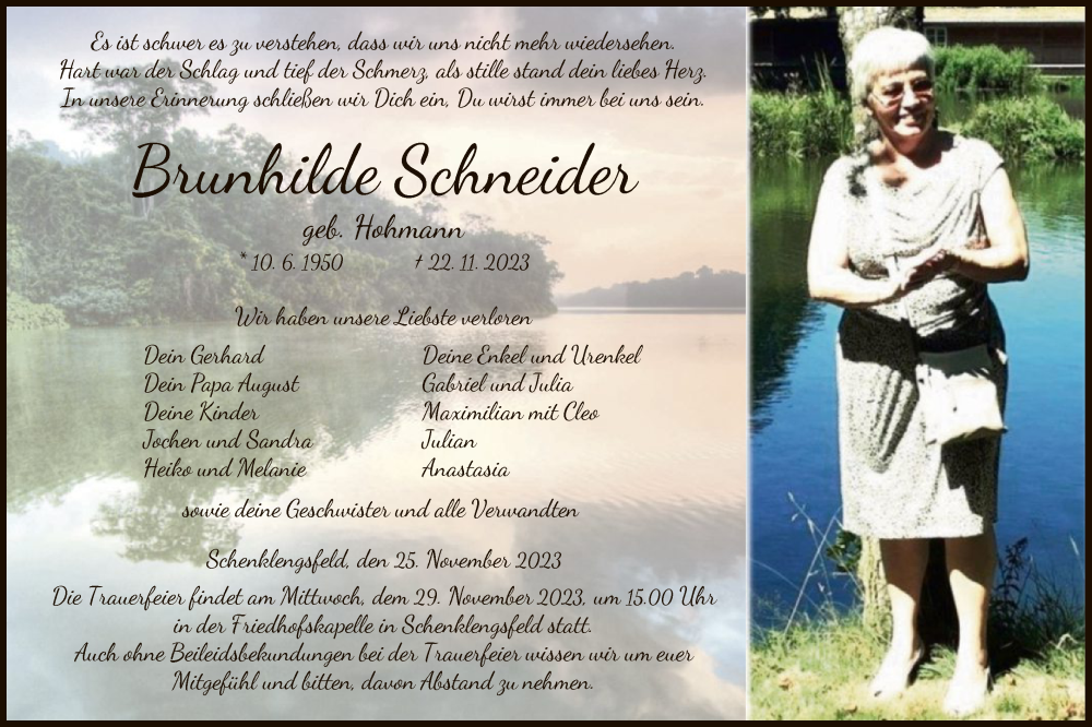  Traueranzeige für Brunhilde Schneider vom 25.11.2023 aus HZ
