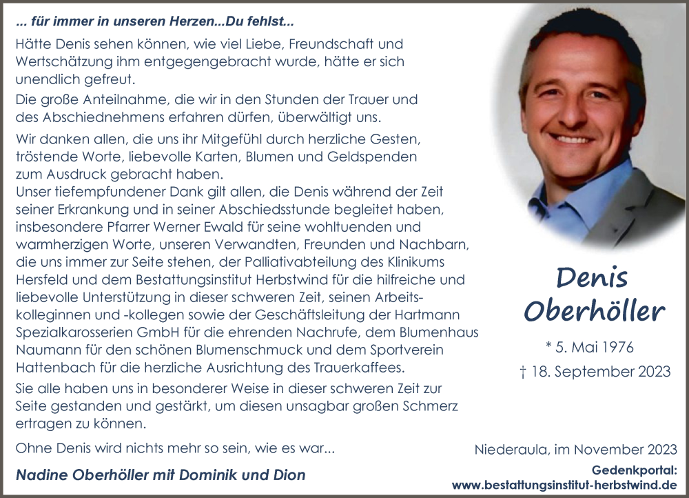  Traueranzeige für Denis Oberhöller vom 25.11.2023 aus HZHNA
