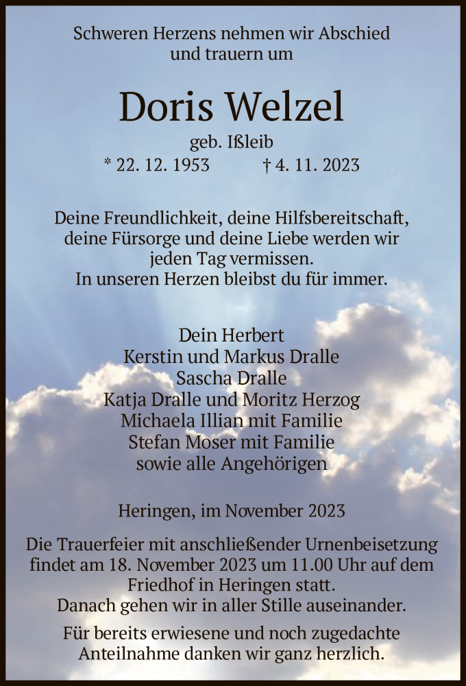  Traueranzeige für Doris Welzel vom 16.11.2023 aus HZ